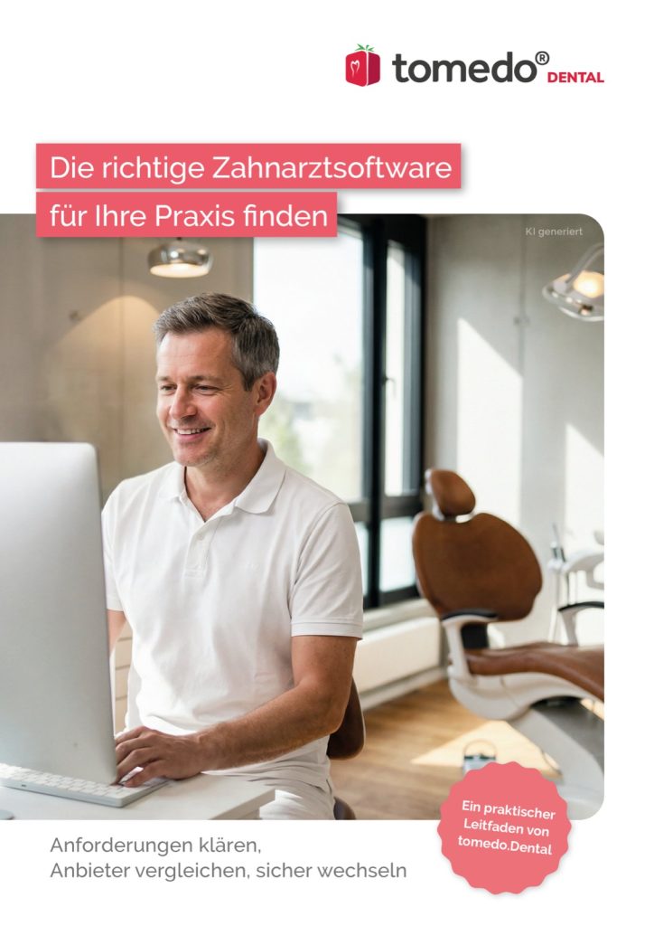 Titelseite des Leitfadens „Die richtige Zahnarztsoftware für Ihre Praxis finden“ von tomedo.Dental